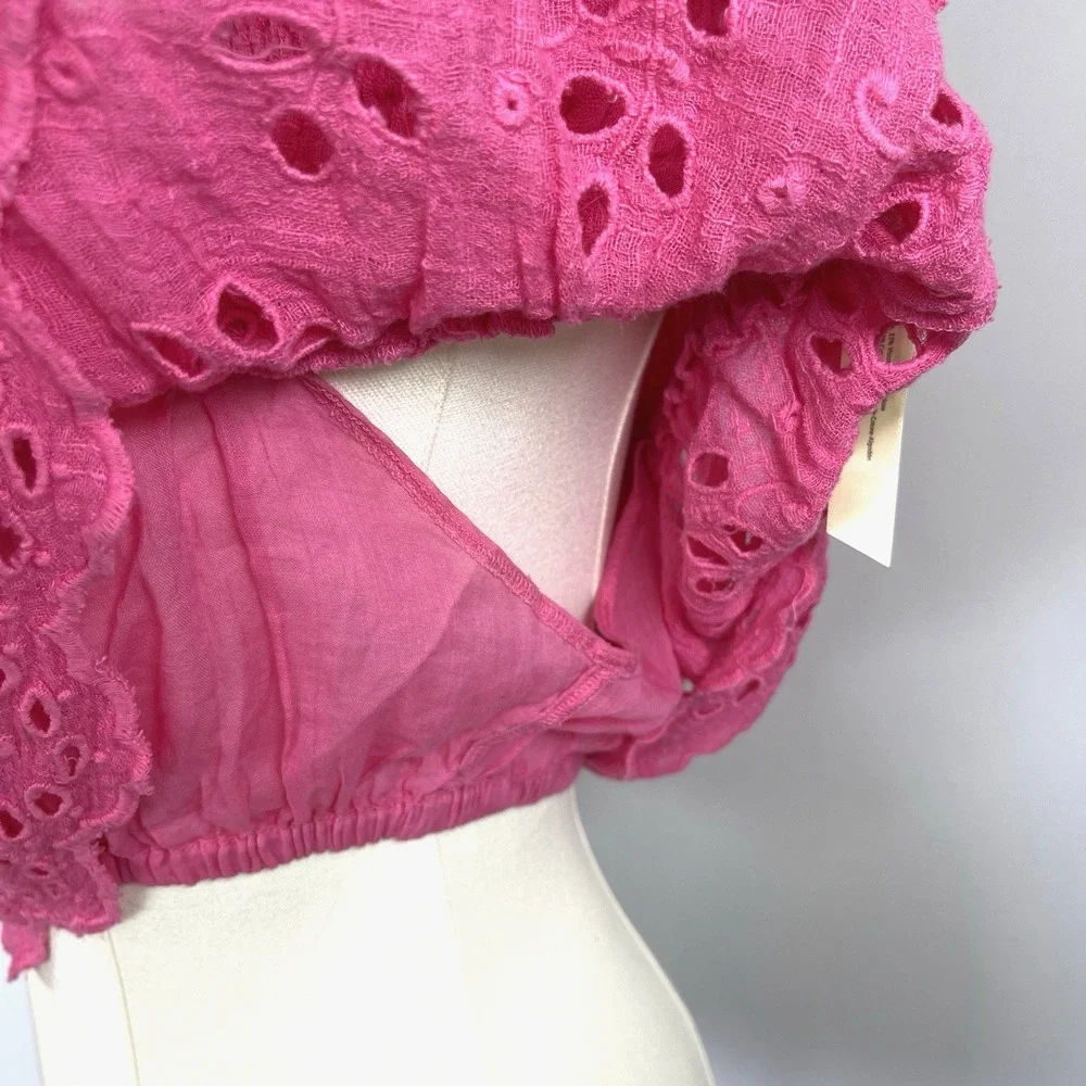 Free People One Perla Boho Coquette Eyelet Crop Top S Pink Cottagecore Beachy